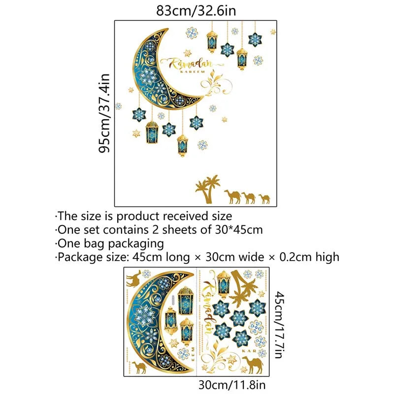Ramadan Kareem Wall Stickers Moon Star Lantern Wall Decal 2024 Eid Mubarak Decorations for Home Muslim Islamic Party Decorations