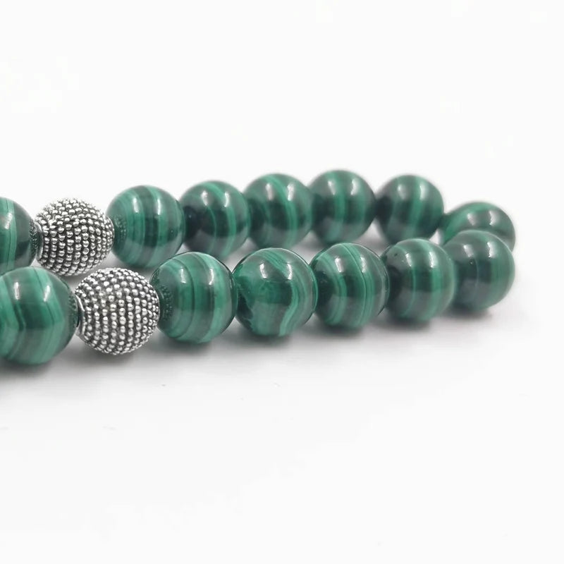Luxurious Tasbih 100% Natural Green Malachite Grade AAAAA with 925 Sterling Slivers Teaasel islamic rosary Muslim Eid adha gift