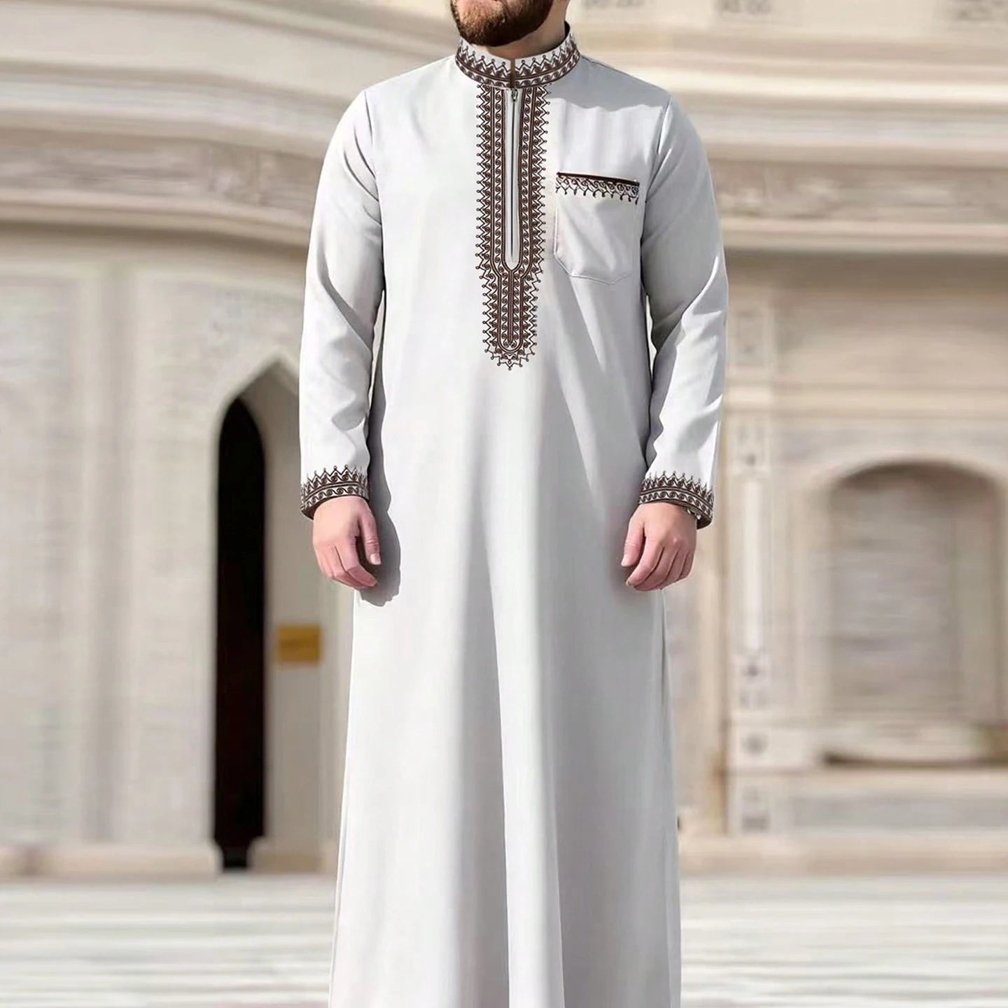 New Islamic Muslim Men's Thobe Long-Sleeved Classic Embroidery Robe Arabic Ethnic Style Men's Casual Formal Robe Prayer Dress