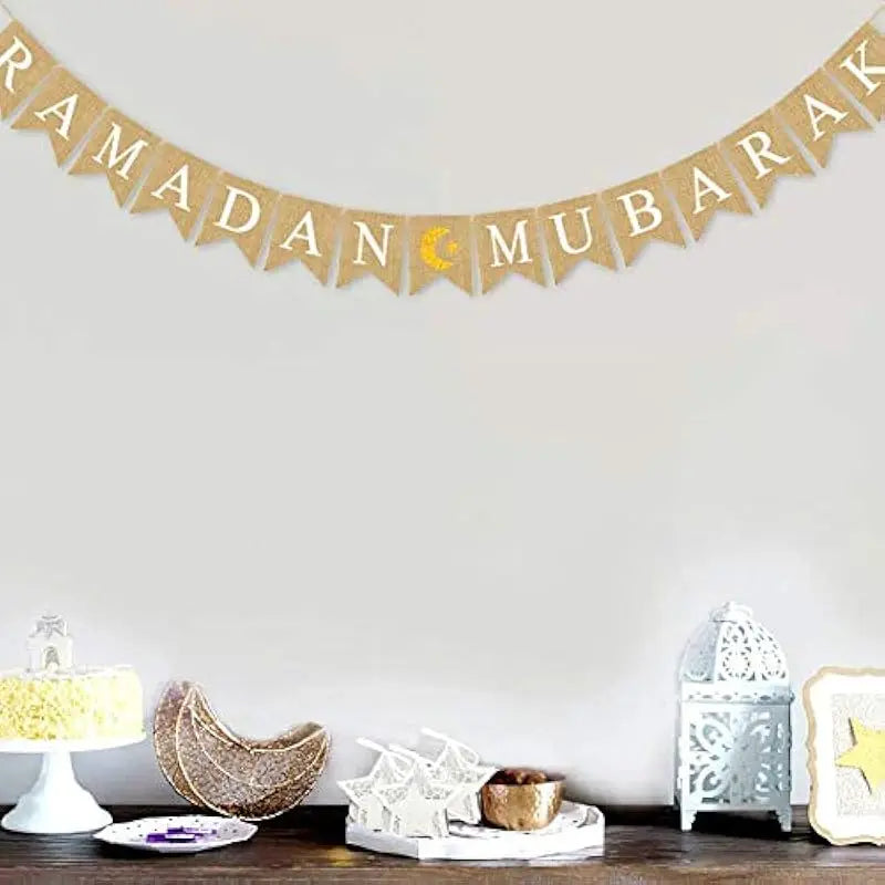 Eid Mubarak Linen Banner Garland Moon Star Hanging Ornaments Islamic Muslim for Home Ramadan Decoration Festival Party Supplies