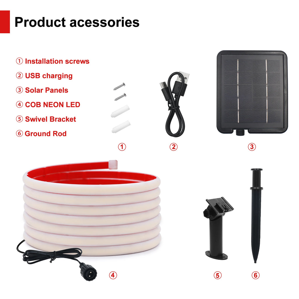 IP68 Waterproof Solar Powered COB Neon Strip 24V 320Leds 3000K 4000K 6000K Red/Green/Blue/Yellow Flexible Ribbon Rope LED Light