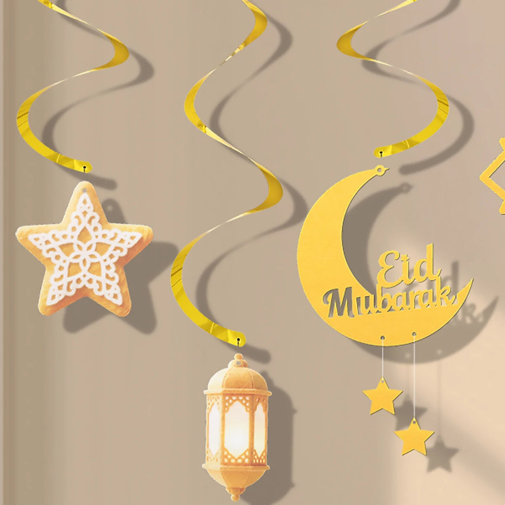 Ramadan Eid Mubarak Party Backdrop Decoration Spiral Banner Moon Star Lights Hanging Decor