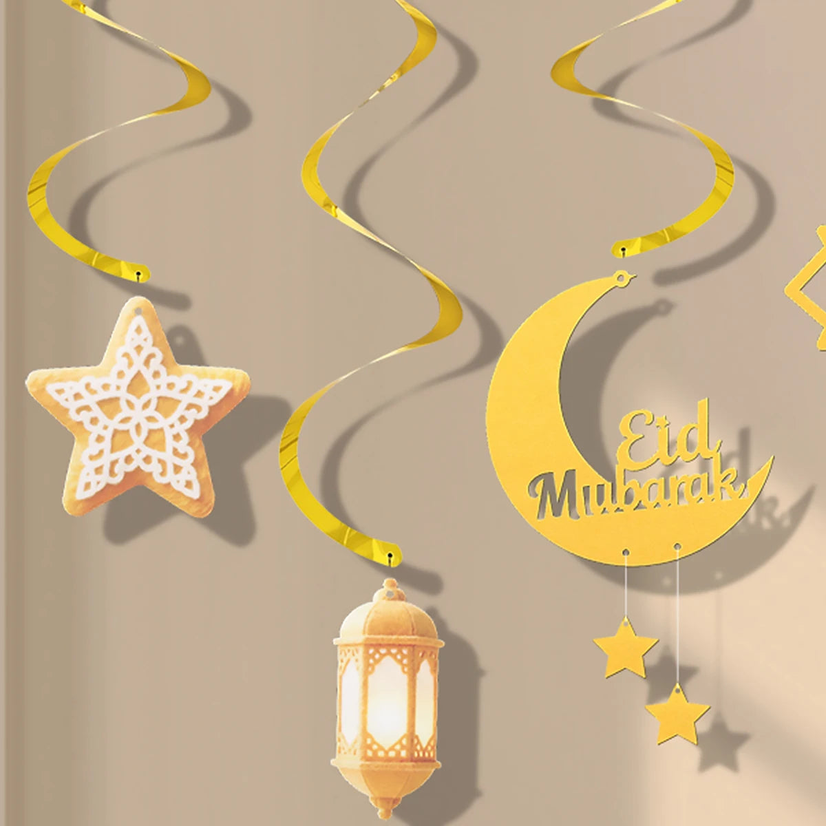 Ramadan Eid Mubarak Party Backdrop Decoration Spiral Banner Moon Star Lights Hanging Decor