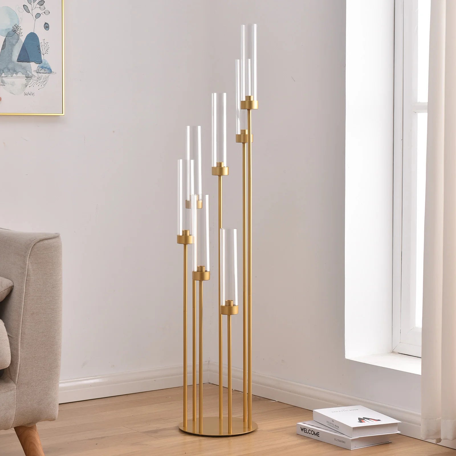 4Sets 7 Arms Floor Candelabra Wedding Centerpieces Gold 48" Tall Metal Candlestick Holders with Acrylic Removable Lampshade