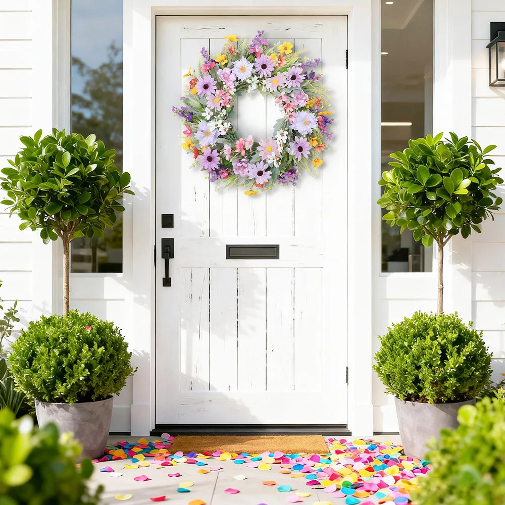 YeeNanee Vibrant Wild Flowers Spring Wreaths for Front Door Artificial Daisy Tulip Lambs Ear Summer Wreath Home Wall Decoration