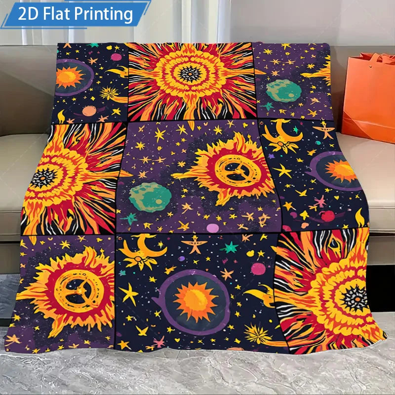 1pc Flannel Blanket Cosmic Sun Moon Stars Printed Fleece Blanket for Cozy Living Room or Bedroom Decor