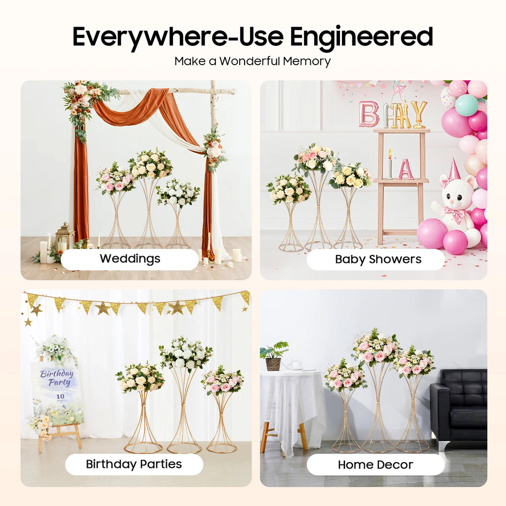 3PCS Hourglass-Shaped Golden Vase, Metal Wedding Centerpieces Vase, Flower Road Lead Stand for Table Wedding Party Banquet