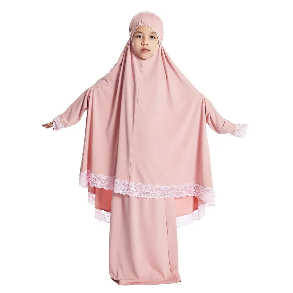 Muslim Kids Girls Hijab Dress Ramadan Khimar Skirt Set Overhead Eid Prayer Garment Burqa Abaya Robe Kaftan Hooded Gown