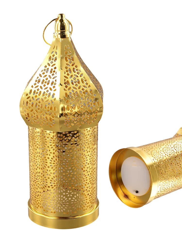 1PC Moroccan Golden Hollow Iron Lantern Ramadan Home Decoration Light Ornaments Gold Lanterns Moroccan Home Crafts Decoration