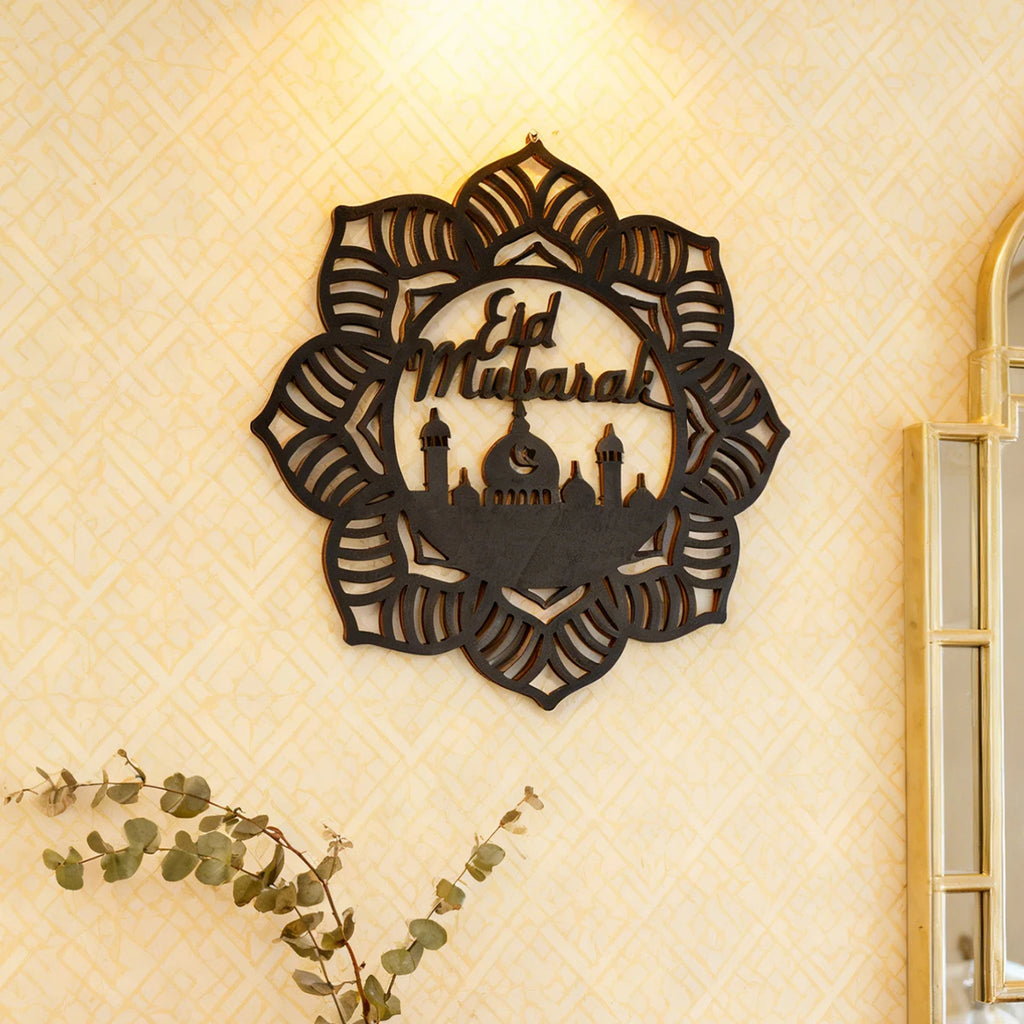 1PC, EID Mubarak Creative Black wooden eight-petal flower-shaped retro pattern decorative pendant