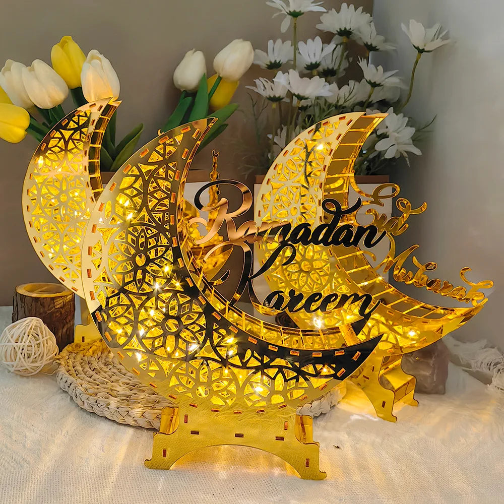 Golden Islamic Moon and Mosque 3D Acrylic Puzzle Decoration – Ramadan and Eid al-Fitr Party Centerpiece Decoration
