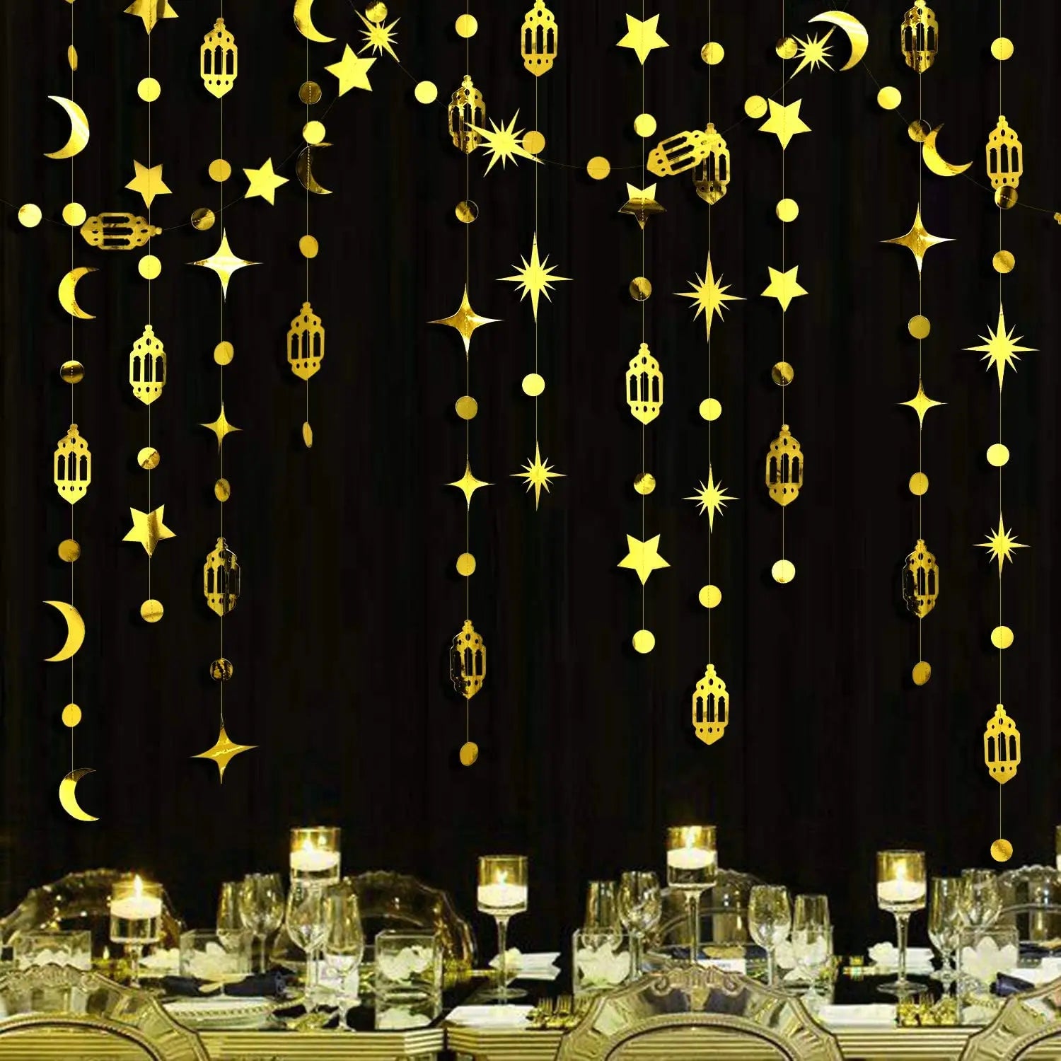Gold Eid Mubarak Ramadan Decor Paper Star Moon Circle Dot Crescent Lamp Garland for Home Muslim Party Backdrop Banner Decoration