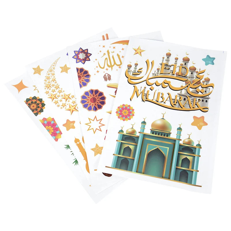 Eid Mubarak Ramadan Decorative Stickers 9pcs Islamic Patterns Self-Adhesive For Wall Window Gift Packaging Party Decor Supplies