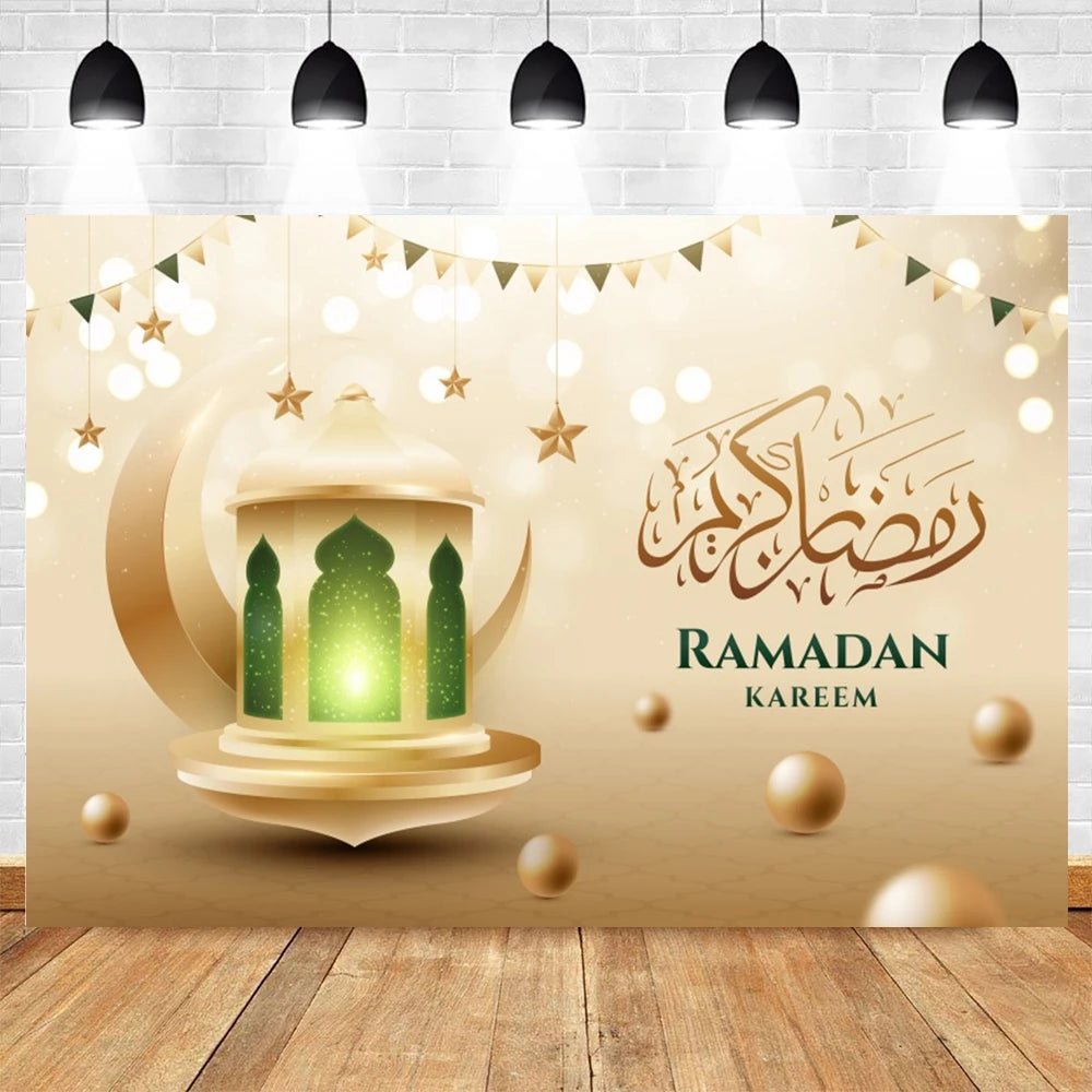 Ramadan Kareem Photography Backdrop EID Mubarak Islamic Mosque Lamps Moon Star White Cloud Photo Background Studio Poster Decor