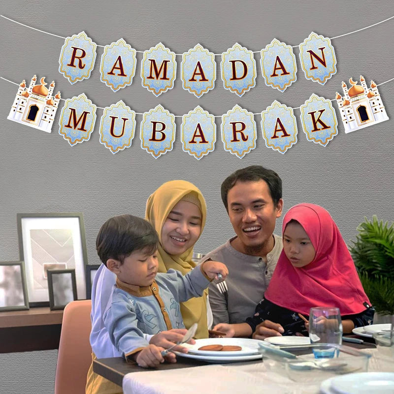 Ramadan Banner Flag 2025 Eid Mubarak Paper Garland Islamic Muslim Party Hanging Ornaments Ramadan Kareem Decorations for Home