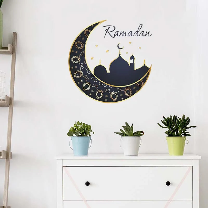 Ramadan Kareem Wall Stickers Moon Star Lantern Wall Decal 2024 Eid Mubarak Decorations for Home Muslim Islamic Party Decorations