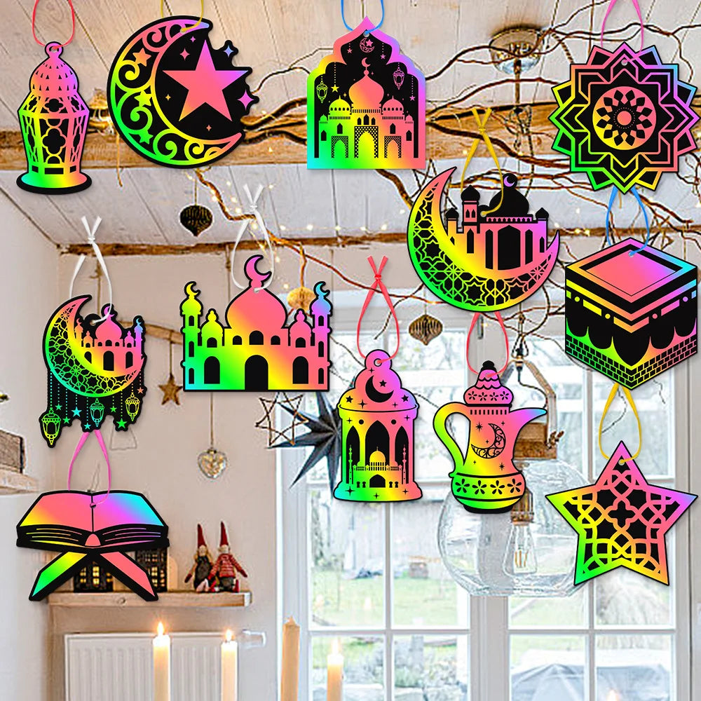 EID MUBARAK Scratch Painting DIY Scratch Card Moon Ornaments Xmas Tree Hanging Pendant EID MUBARAK Ramadan Decor
