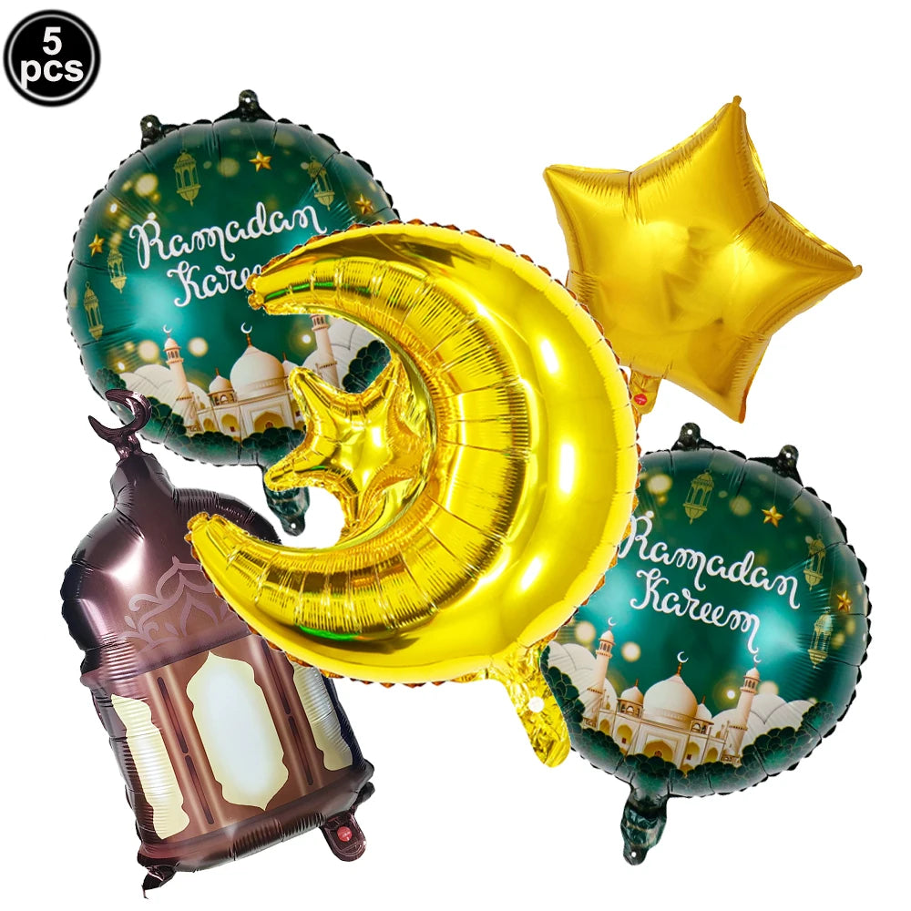 5pcs Eid Mubarak Balloons Decors Ramadan Lantern Moon Star Shape Moon Castle Pattern Foil Balloons Islamic Muslims Party Supplie