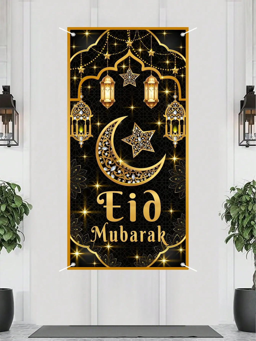 1 Piece Eid Mubarak Door Curtain Black Gold Star and Moon Lantern Decoration Hanging Curtain Islamic Style Festival Door Decoration Hanging Cloth