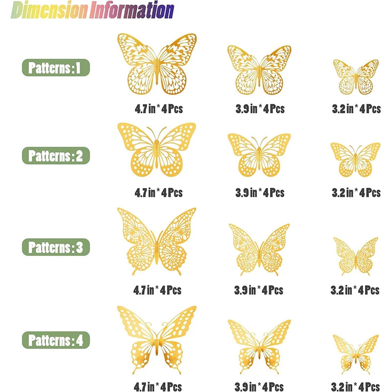 12/24/48Pcs 8cm 3D Butterfly Wall Stickers Gold Butterfly Decorations for Butterfly Birthday Party Cake Room Window Garden Decor