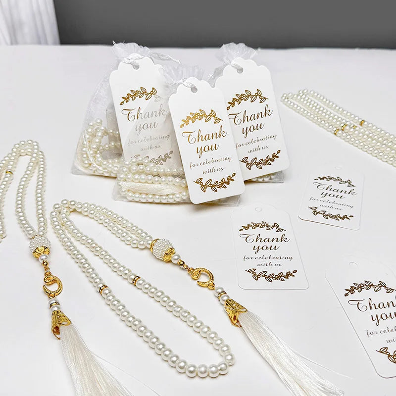 15/30Pcs EID Mubarak Glass Pearls Tassel with Bags and Paper Tag Muslim Islam Prayer Beads Bracelet Hanging Ornament Party Gifts