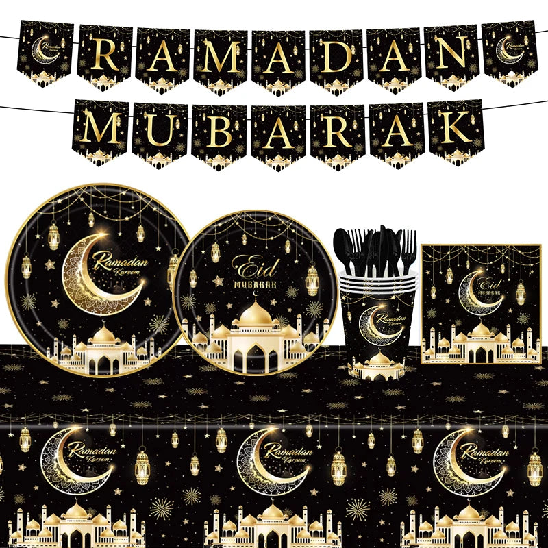 Eid Mubarak Party Tableware Set Disposable Plates Napkins Banner Tablecloth Ramadan Decorations Islamic Muslim Party Supplies