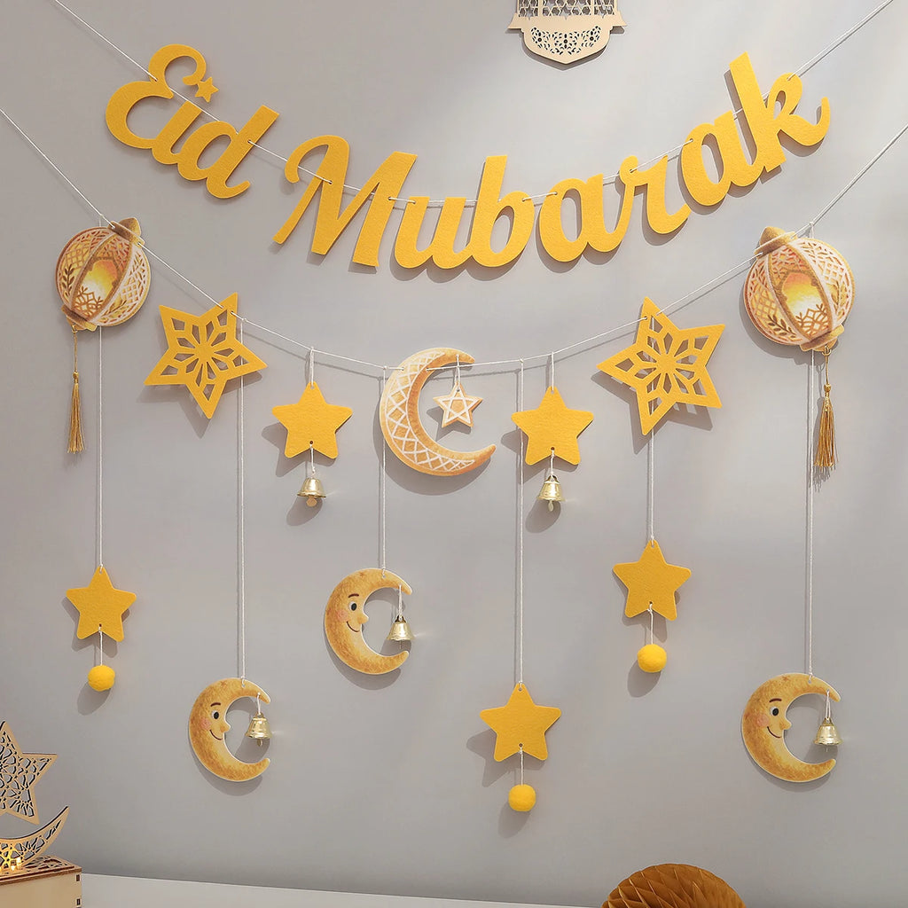 Ramadan Eid Mubarak Party Backdrop Wall Decoration Banner Moon Star Lamp Bells Tassel Hanging Accessories