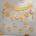 Ramadan Eid Mubarak Party Backdrop Wall Decoration Banner Moon Star Lamp Bells Tassel Hanging Accessories