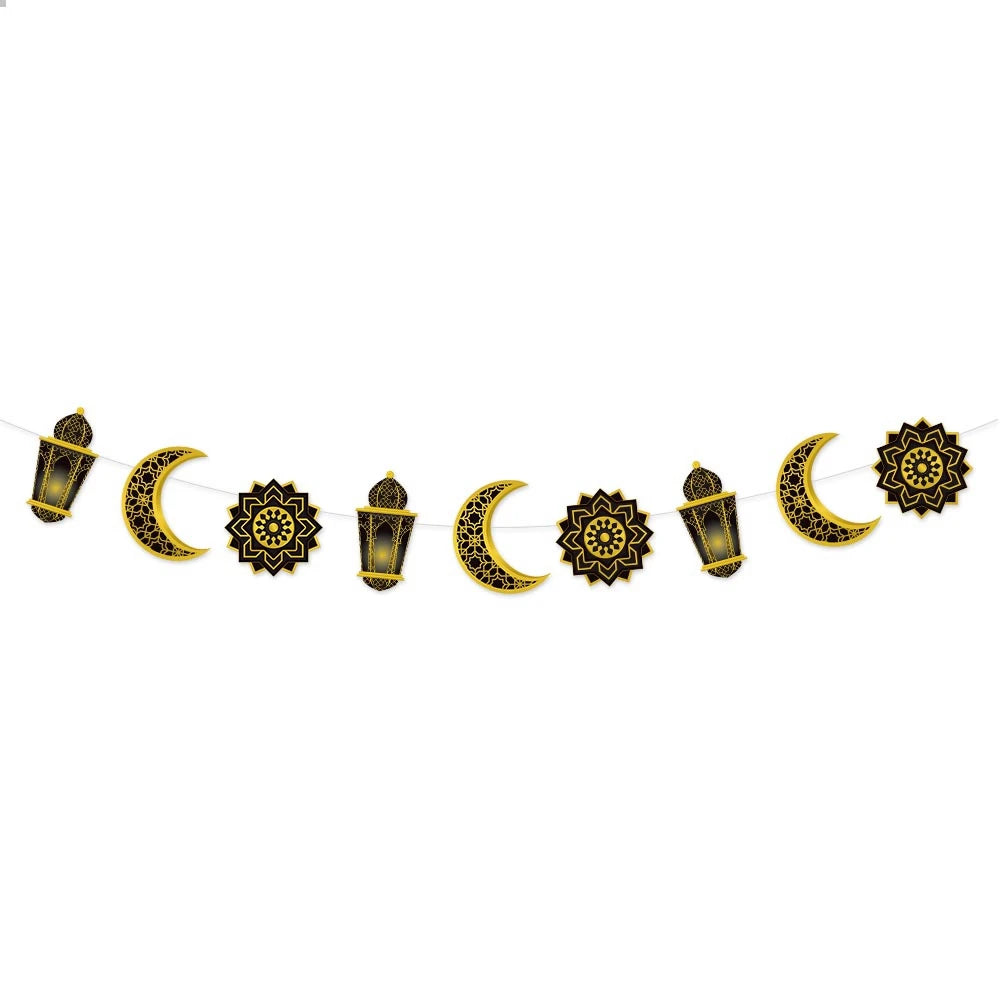 1pc Eid Mubarak Wall Hanging Golden Moon Lantern Floral Pattern Banner Festive Home Decor for Ramadan &Eid Party Decoration Gift