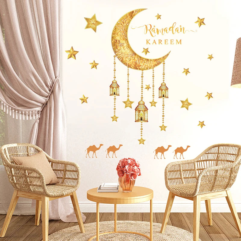 Eid Mubarak Window Sticker 2025 Ramadan Kareem Wall Sticker Muslim Islamic Festival Party Decoration Supplie Electrostatic Decal