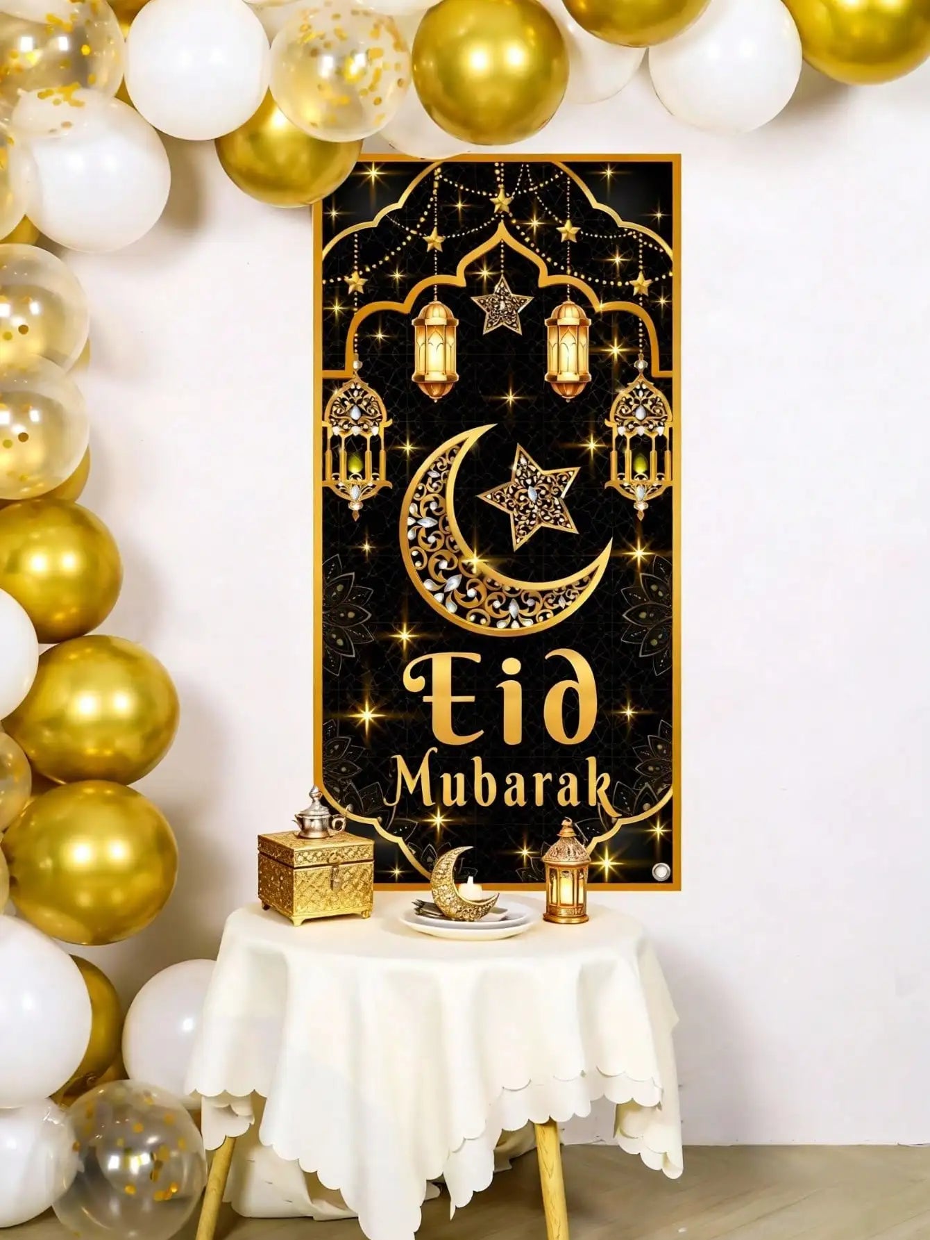 1 Piece Eid Mubarak Door Curtain Black Gold Star and Moon Lantern Decoration Hanging Curtain Islamic Style Festival Door Decoration Hanging Cloth