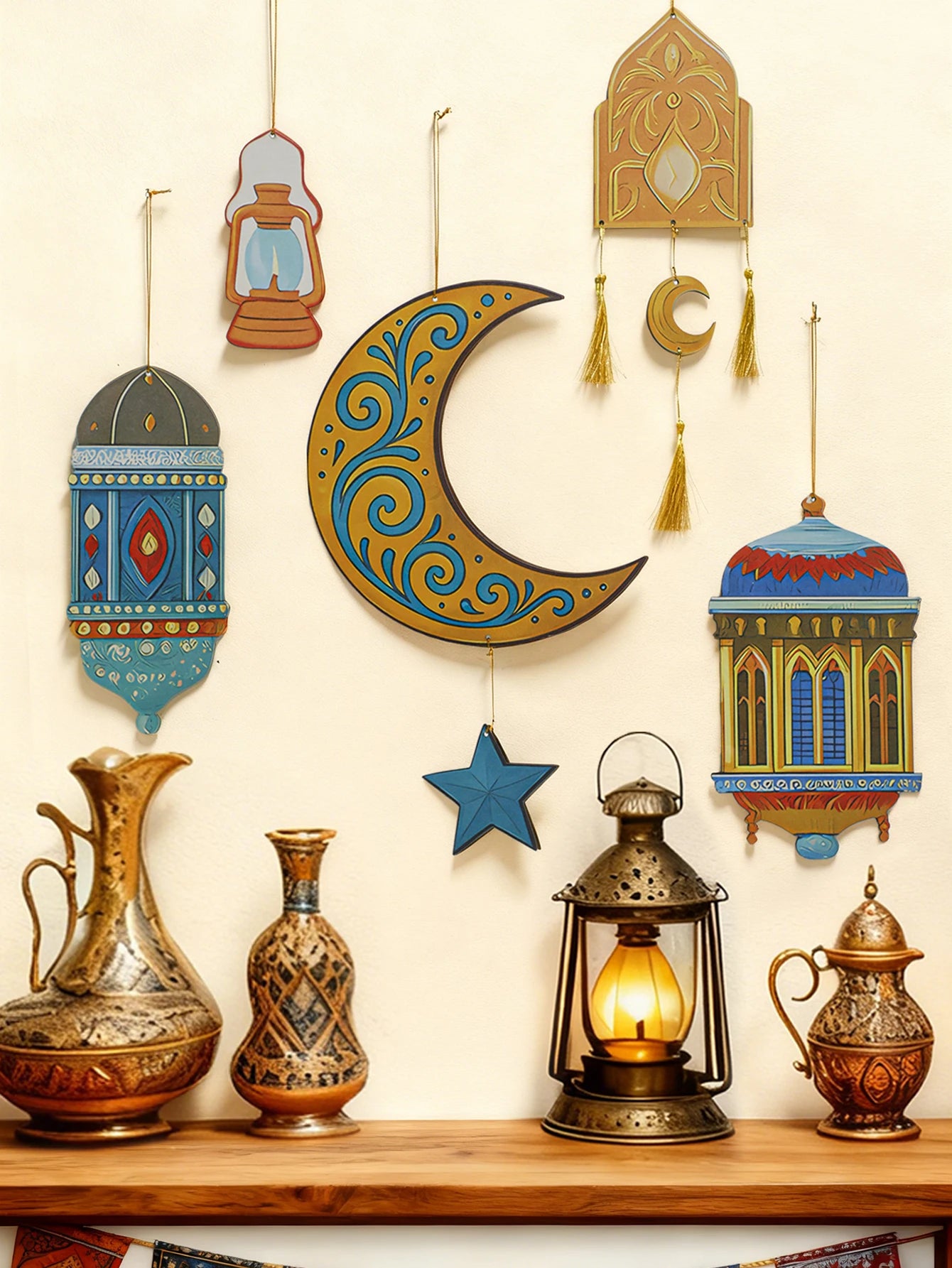 Islamic Ramadan Wall Decor Moon Star Lantern Tassel Ornament for Eid Mubarak Kareem Muslim Festival Home Hanging Decoration Gift