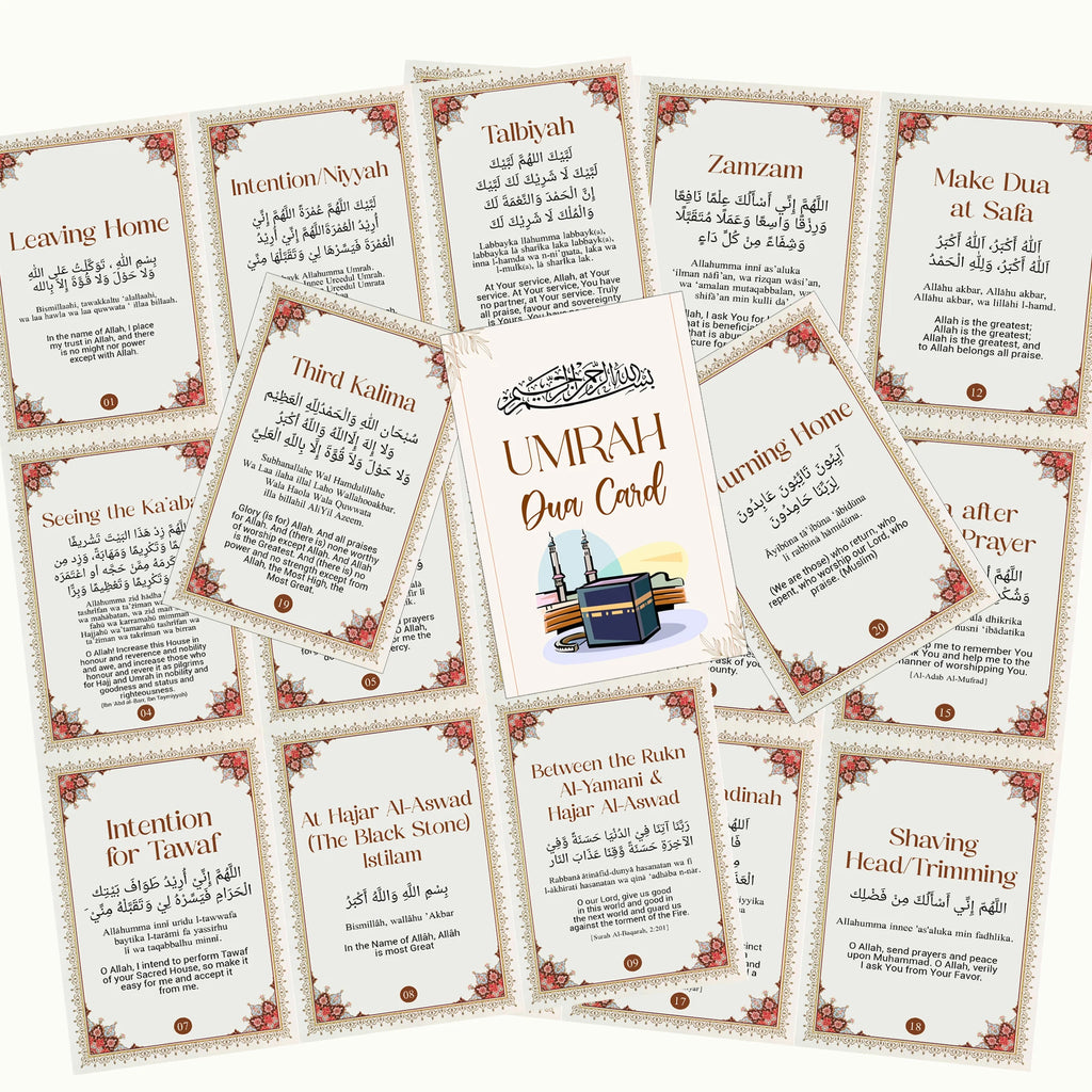 21pcs Portable Umrah Dua Islamic Cards Set Ring(With Ring) Arabic Duas English Meaning Ramadan Gift for Hajj Umrah Daily Worship
