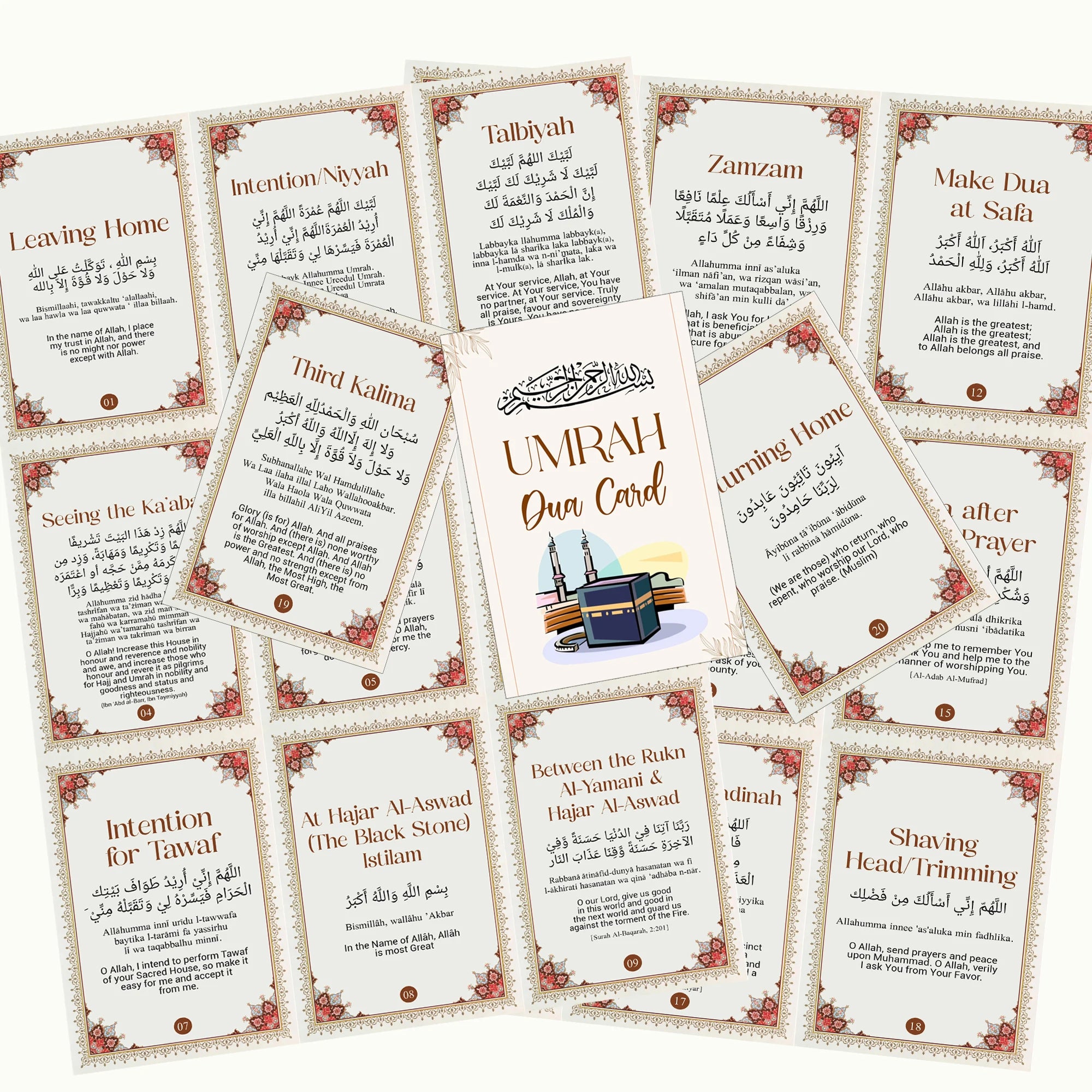 21pcs Portable Umrah Dua Islamic Cards Set Ring(With Ring) Arabic Duas English Meaning Ramadan Gift for Hajj Umrah Daily Worship