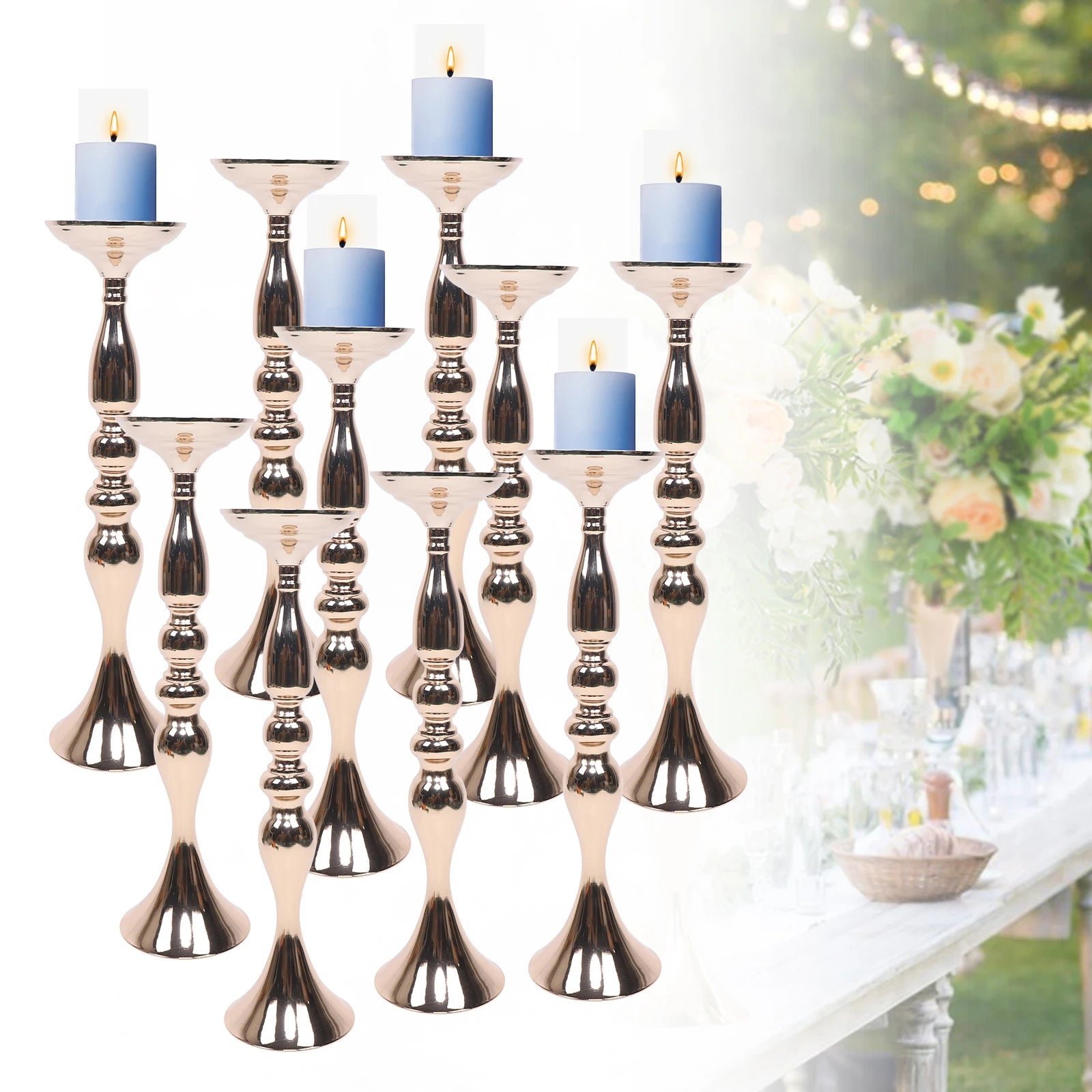 10 Pcs 19.5" Tall Gold Candelabra Candle Holder Table Centerpiece Stand Pillar Candlestick Candle Holder Stand for Wedding Party