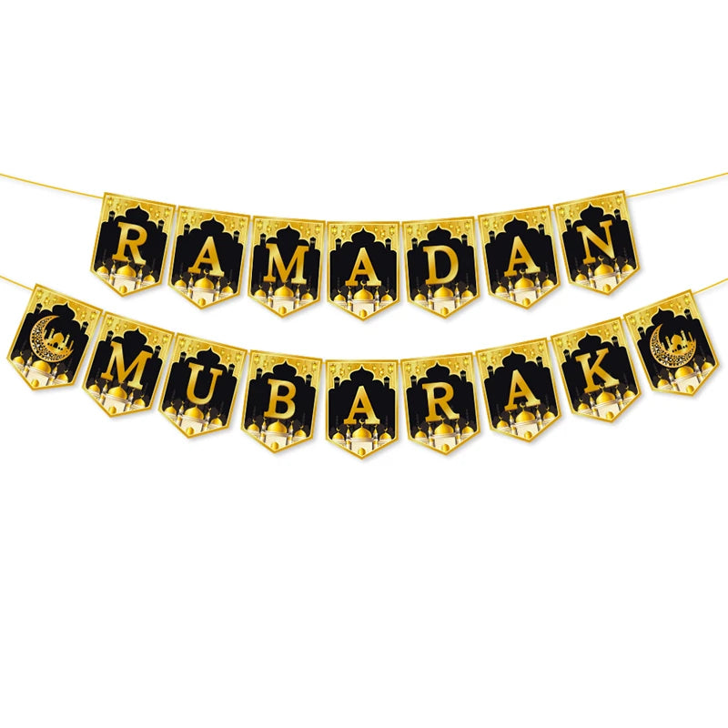 Eid Mubarak Paper Banner Garland 2026 Ramadan Moon Star Mosque Hanging Swirl Home Decoration Ornaments Islamic Muslim Party Gift