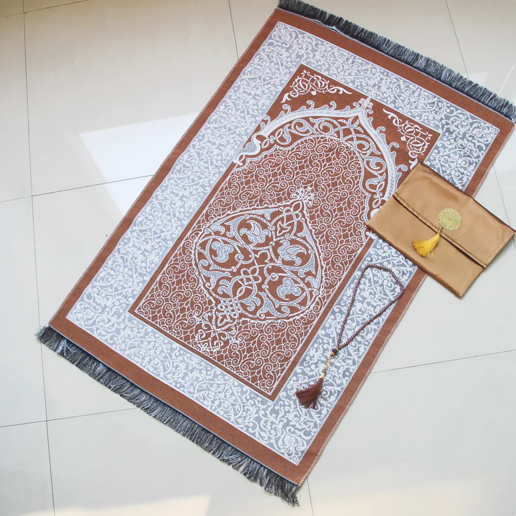 Muslim Prayer Rug and Prayer Beads with Bag Janamaz Soft Sajadah Islamic Gifts Set Portable Prayers Carpet Mat Taffeta Fabric