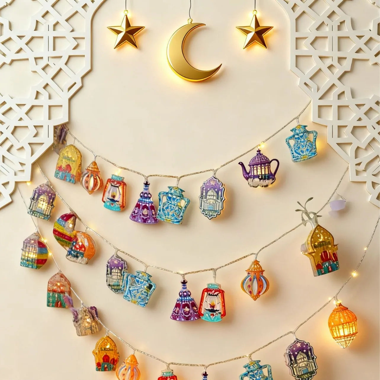 Ramadan Star Moon Castle LED String Lights Eid Mubarak Decoration 2026 for Muslim Islam Party Eid al-Fitr Wall Pendant String