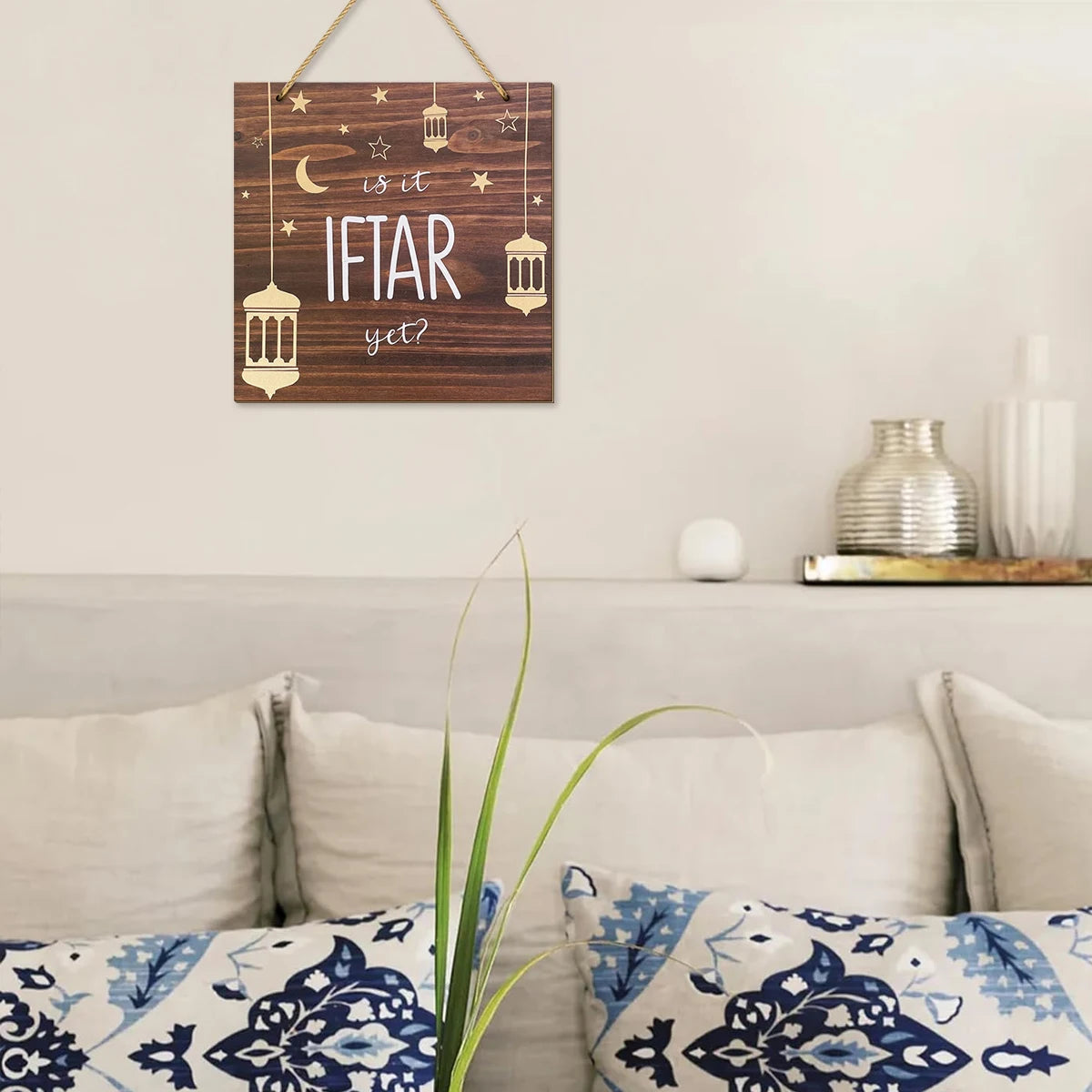 1PC Ramadan wooden wall decoration, "Is it IFTAR yet?" golden star crescent moon, Islamic style home wall decoration
