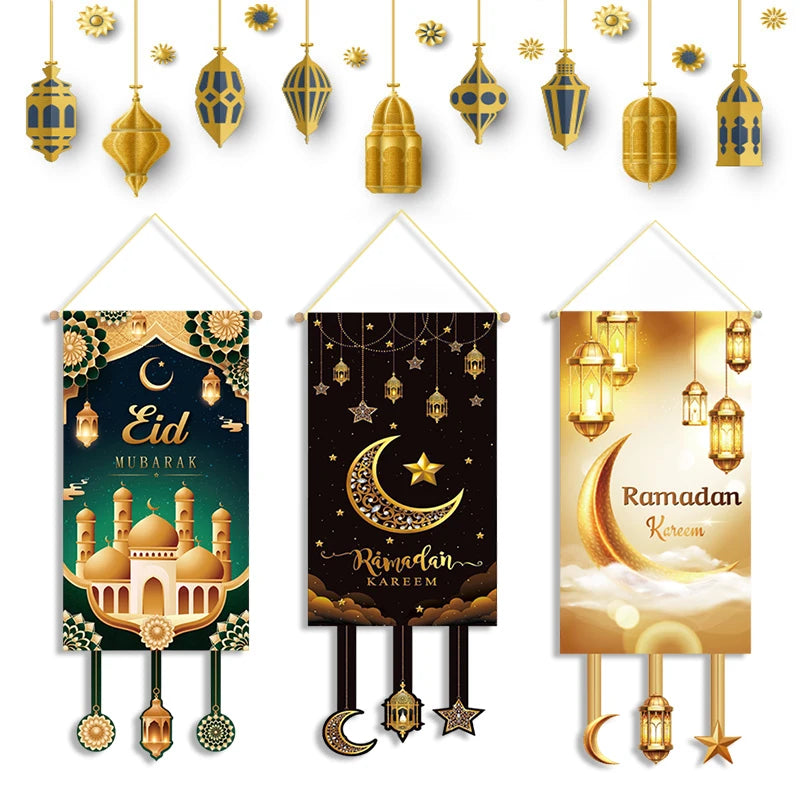 Eid Mubarak Door Banner 2026 Ramadan Decoration Ramadan Kareem Hanging Flag Muslim Porch Door Sign Welcome Banner Party Supplies