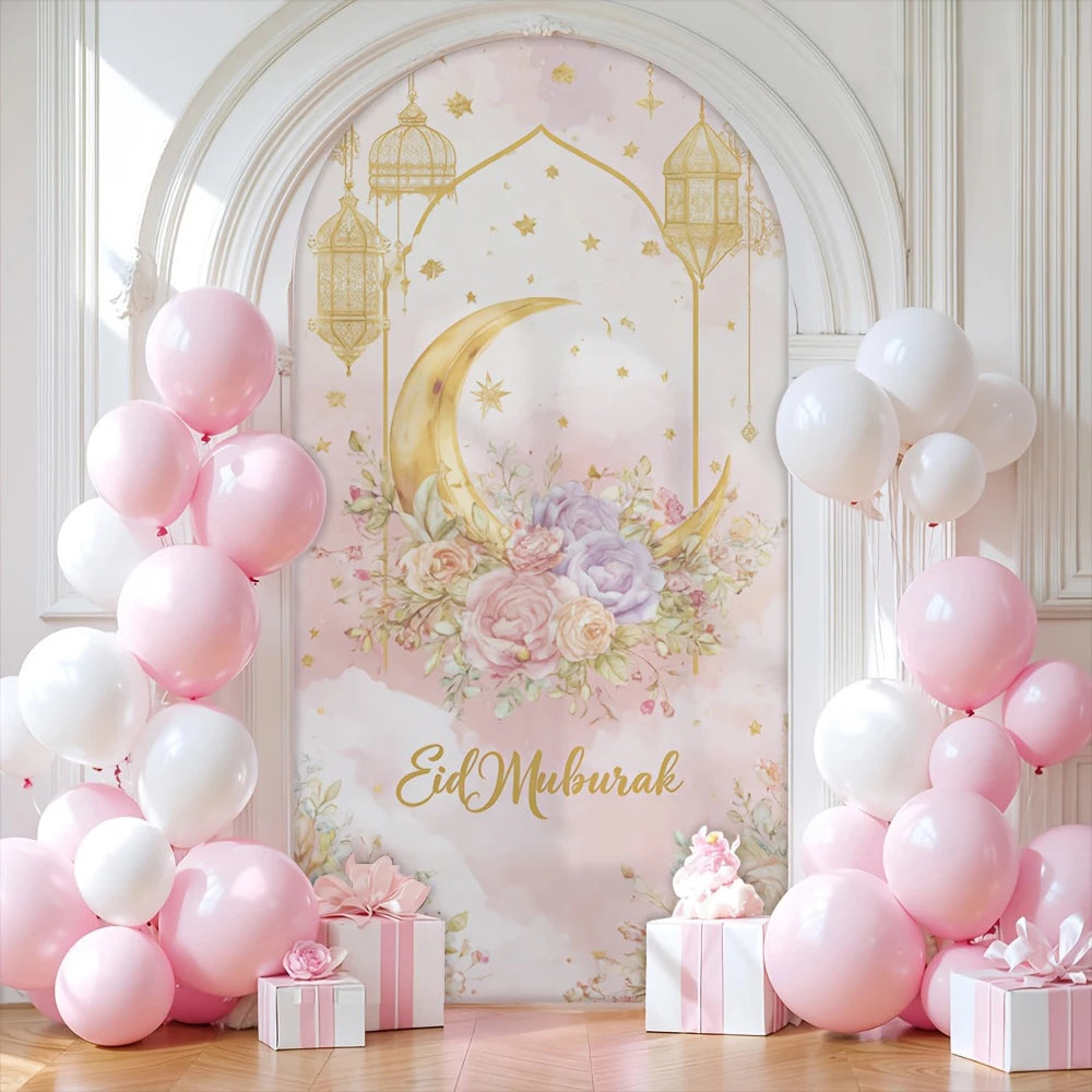 Pink Ramadan flower arch background cloth party decoration festival home decor EID Mubarak Flower Moon Star Light banner gift