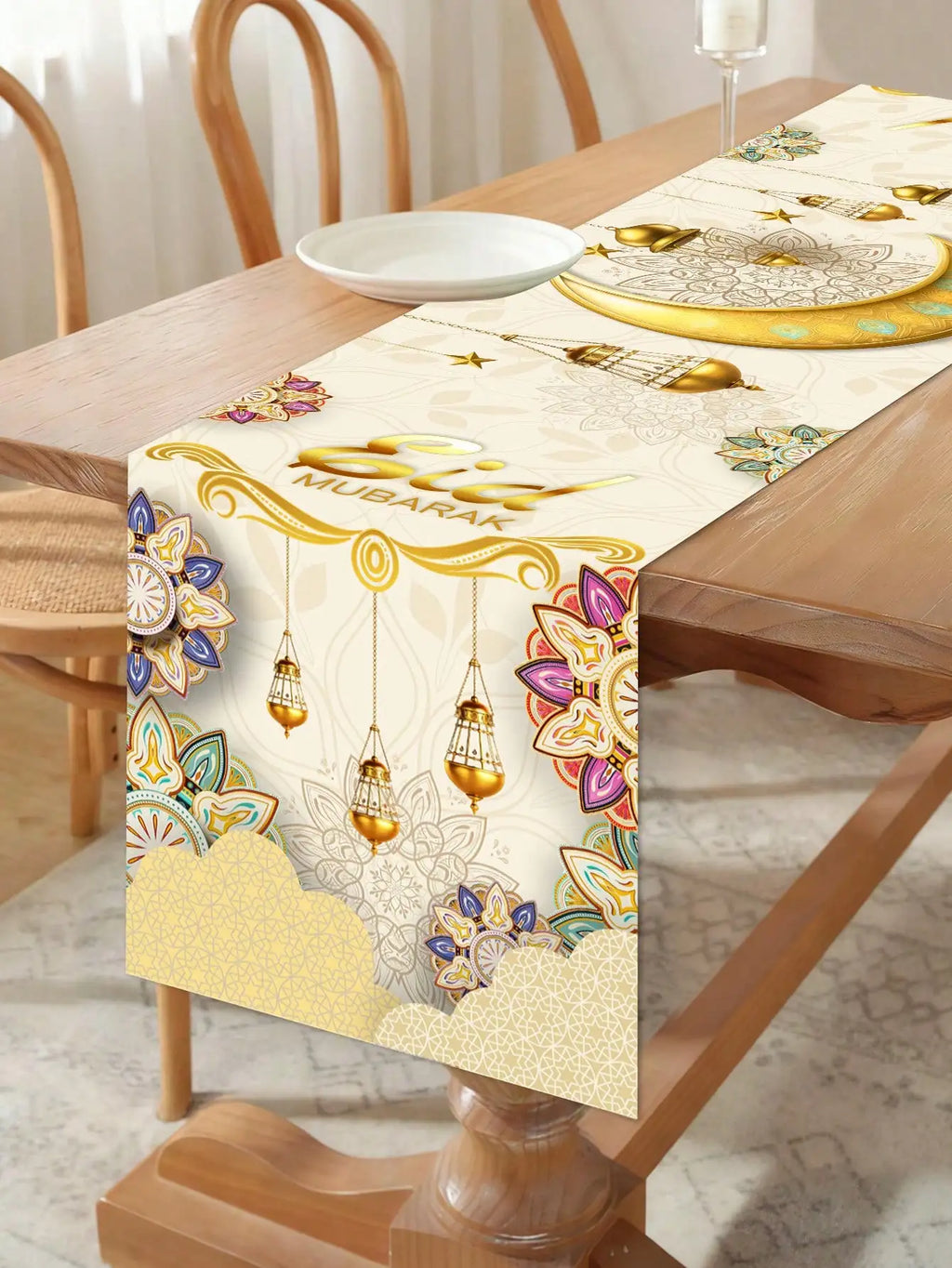 1Pc Eid Mubarak Decorative Table Runner, Gold Painted Star and Moon Table Runner, Muslim Holiday Party Table Runner, Long Tablecloth
