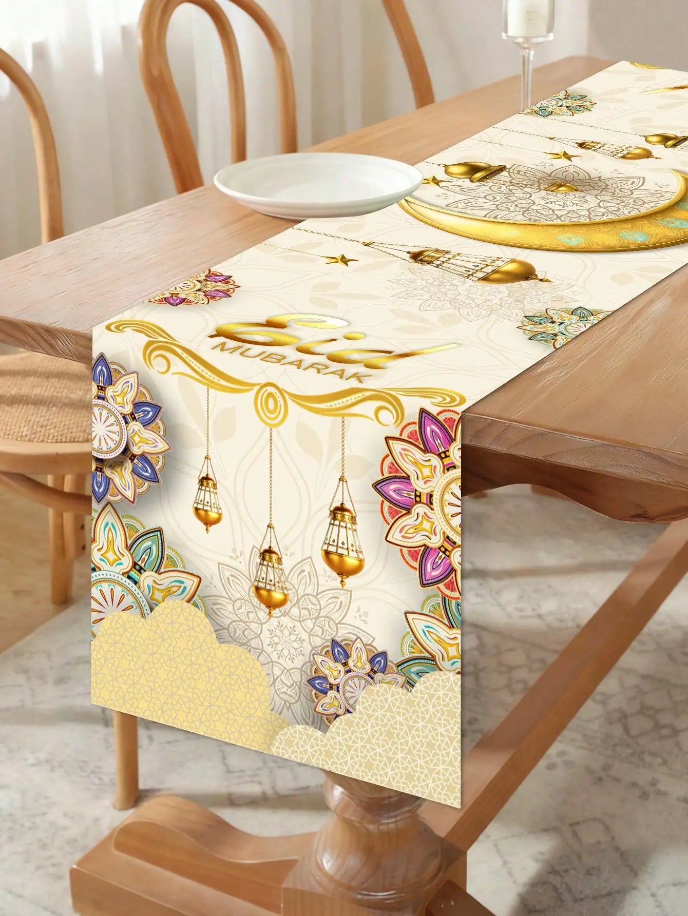 1Pc Eid Mubarak Decorative Table Runner, Gold Painted Star and Moon Table Runner, Muslim Holiday Party Table Runner, Long Tablecloth