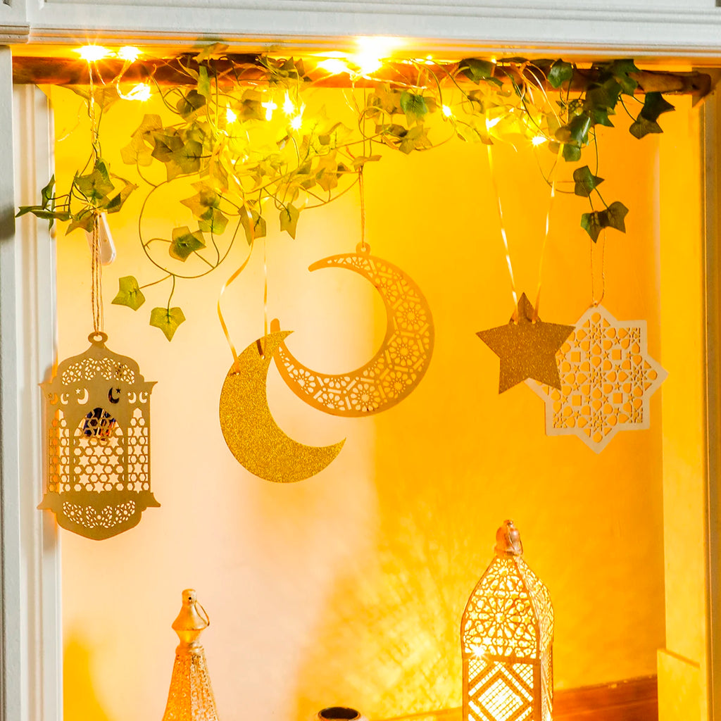 Ramadan Doorway Decor Golden Moon Star Lantern Hanging Ornaments with LED String Islamic Eid Festival Home Entrance Party Gifts
