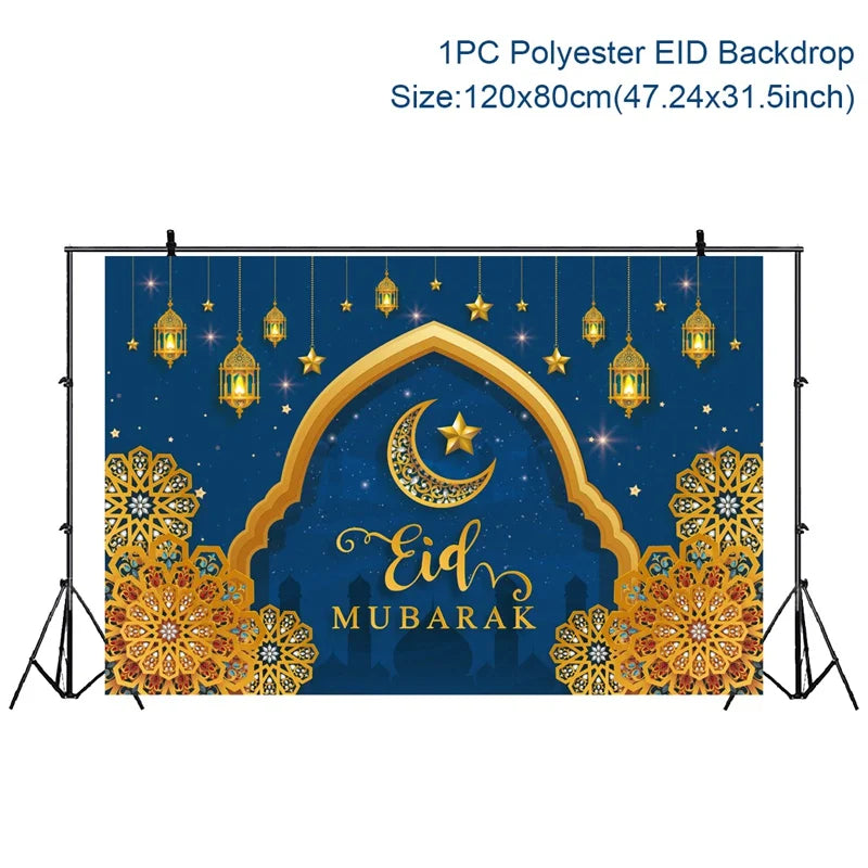 Ramadan Kareem Backdrop Photo Booth Background With Moon Star Castle Pattern Eid Mubarak Background for Backyard Al-fitr Gift
