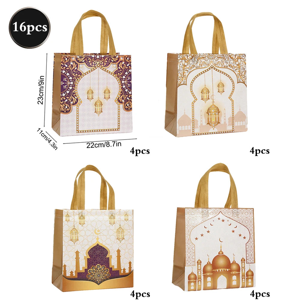 Eid Mubarak Non-Woven Gift Bags with Handles Ramadan Kareem Party Favor Bags for Treats Dates Mosque Pattern Colorful Goodie Bag