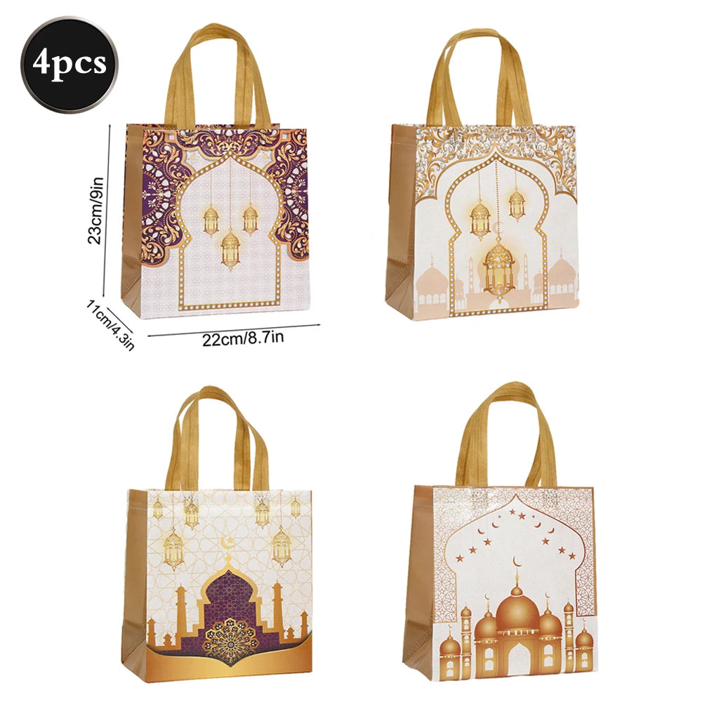 Eid Mubarak Non-Woven Gift Bags with Handles Ramadan Kareem Party Favor Bags for Treats Dates Mosque Pattern Colorful Goodie Bag