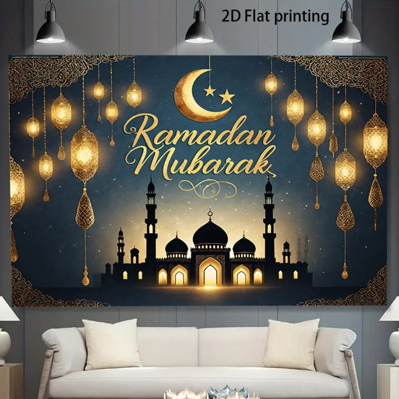 1pc2DflatRamadan Mubarak Moon and Stars Banner ，With gold lanterns，New Moon and Star Design，No Power Supply Required