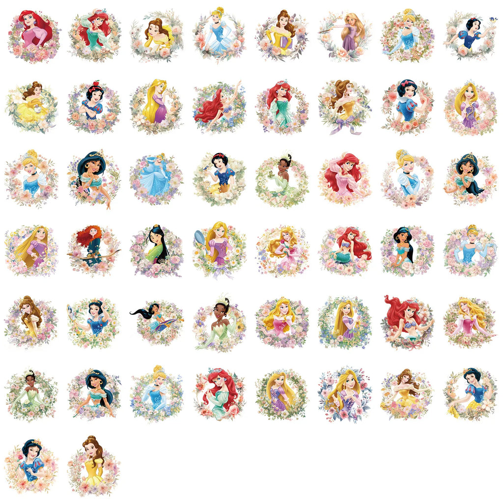 50PCS Disney Princess Flower PET Transparent Stickers Phone Scrapbook Guitar Laptop Suitcase Waterproof Sticker Toys Decals