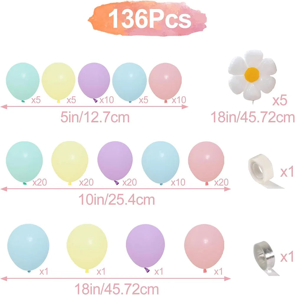Daisy Balloon Garland Arch Set 136 Pieces White Fashionable Flowers Macaron Pink Yellow Blue Purple Balloon Birthday Daisy Theme Wedding Two Fashionable Bohemian Party Decoration